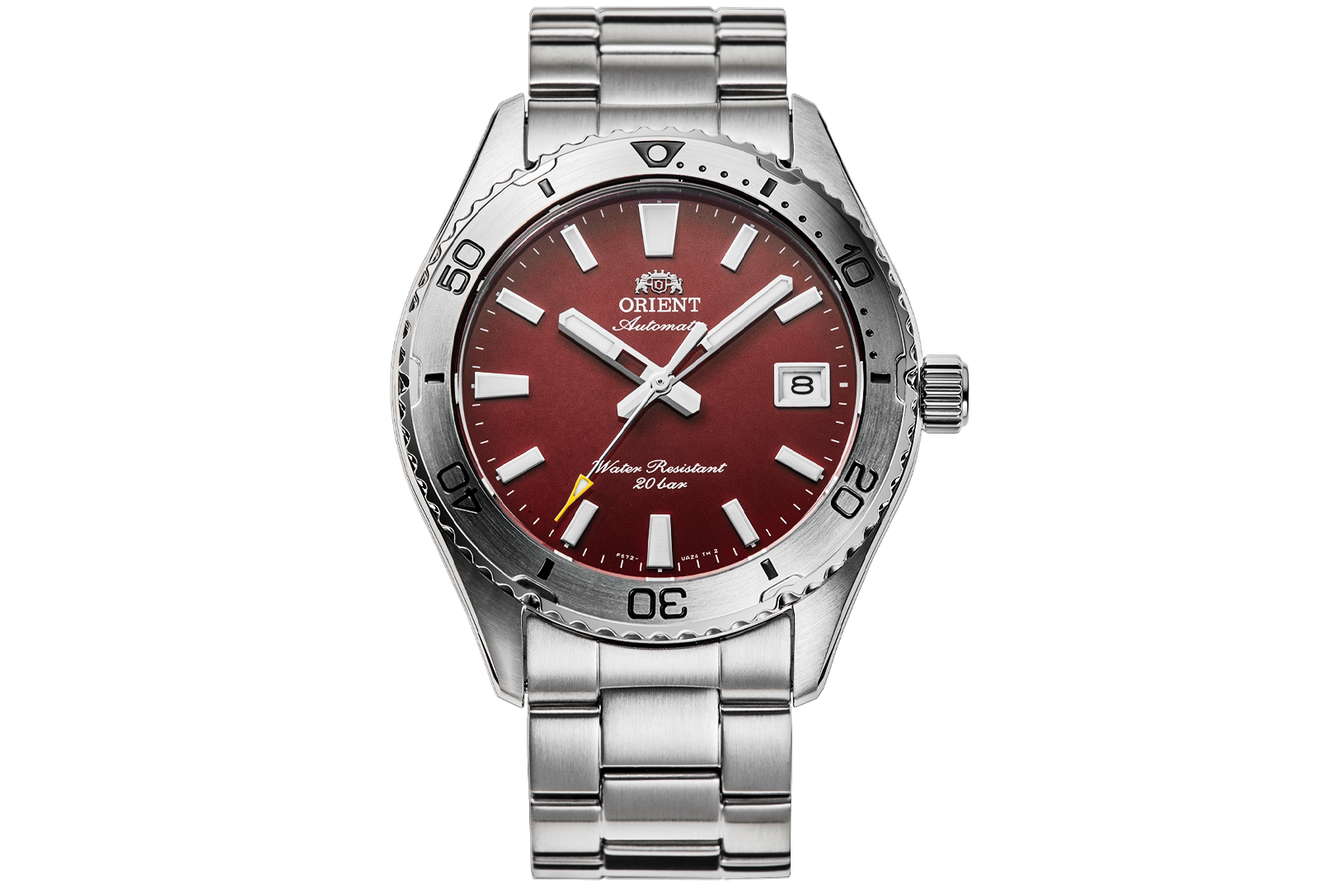 Silver wristwatch with a red face on a white background