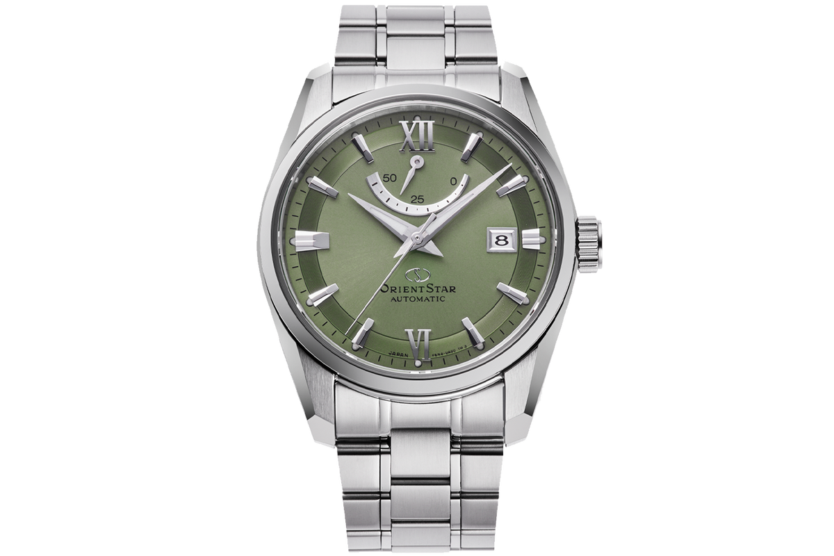 An Orient Star Automatic watch with a silver stainless steel case and link bracelet, featuring an olive green dial with silver-tone indices and hands.

Orient Star RE-AU0107E