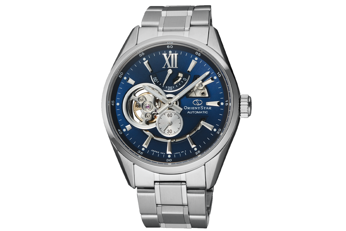 Orient Star Automatic men's watch featuring a stainless steel link bracelet, a silver-toned case, and a deep blue skeleton dial with Roman numeral XII.

Orient Star RE-AV0003L