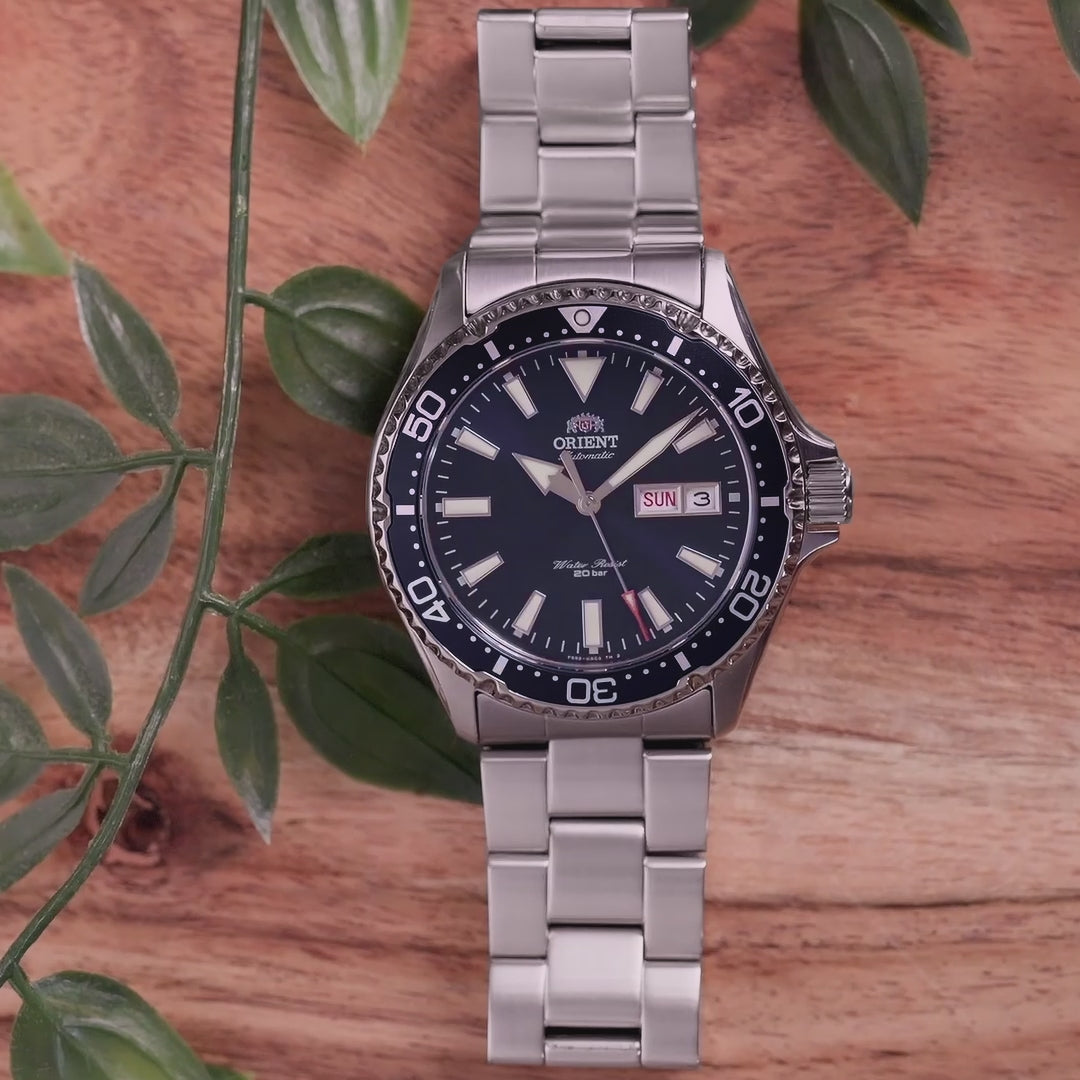 Various closeup angles of stainless steel Orient Kamasu RA-AA0002L39B Stainless Steel Watch