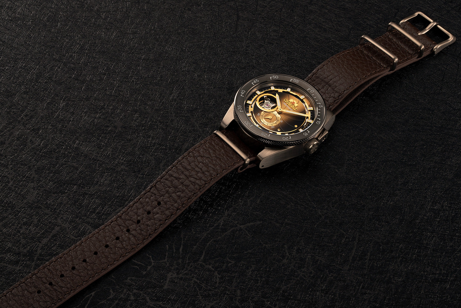 Orient Retro Future Camera RA-AR0204G00B sport watch open heart bronze gold